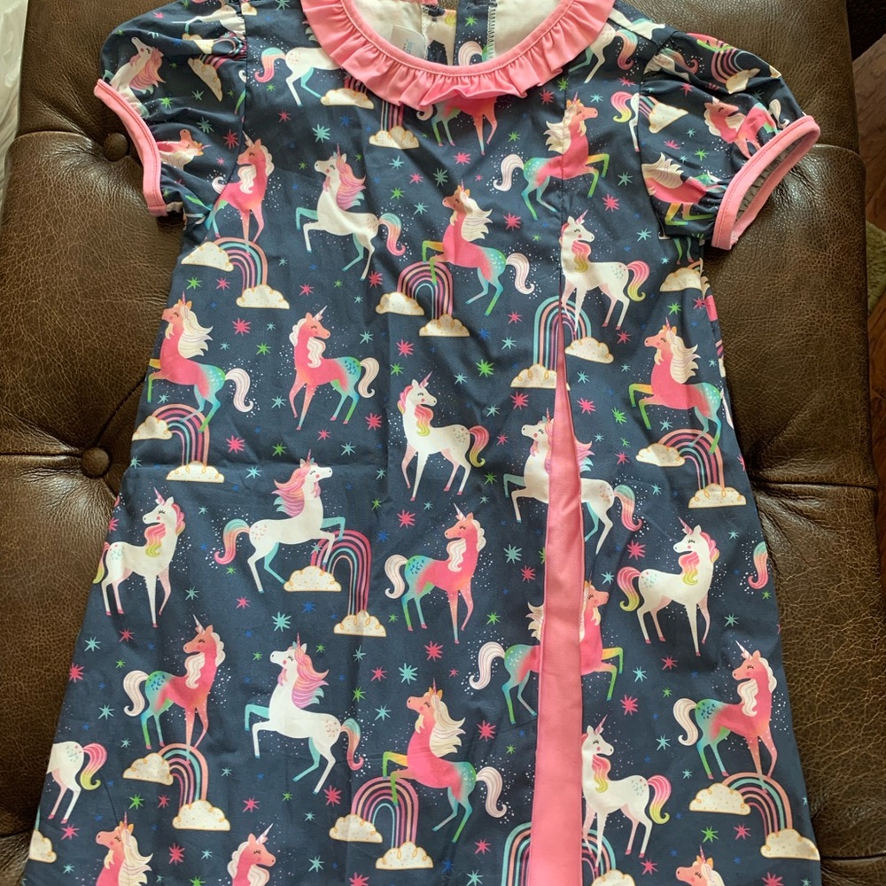 James&lottie girls dress. Dark blue with pink unicorns